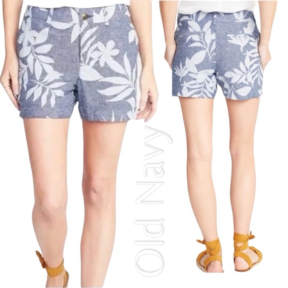 Old Navy Linen Blend Everyday Tropical Chambray Blue Leaf Shorts - Women’s 8 - Picture 12 of 12